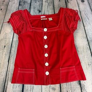 Voice Vintage Y2K Bold Red Retro Inspired Square Neck Button Detail Blouse Sz L